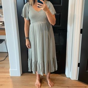 Pink Blush light olive smocked v-neck maternity midi dress